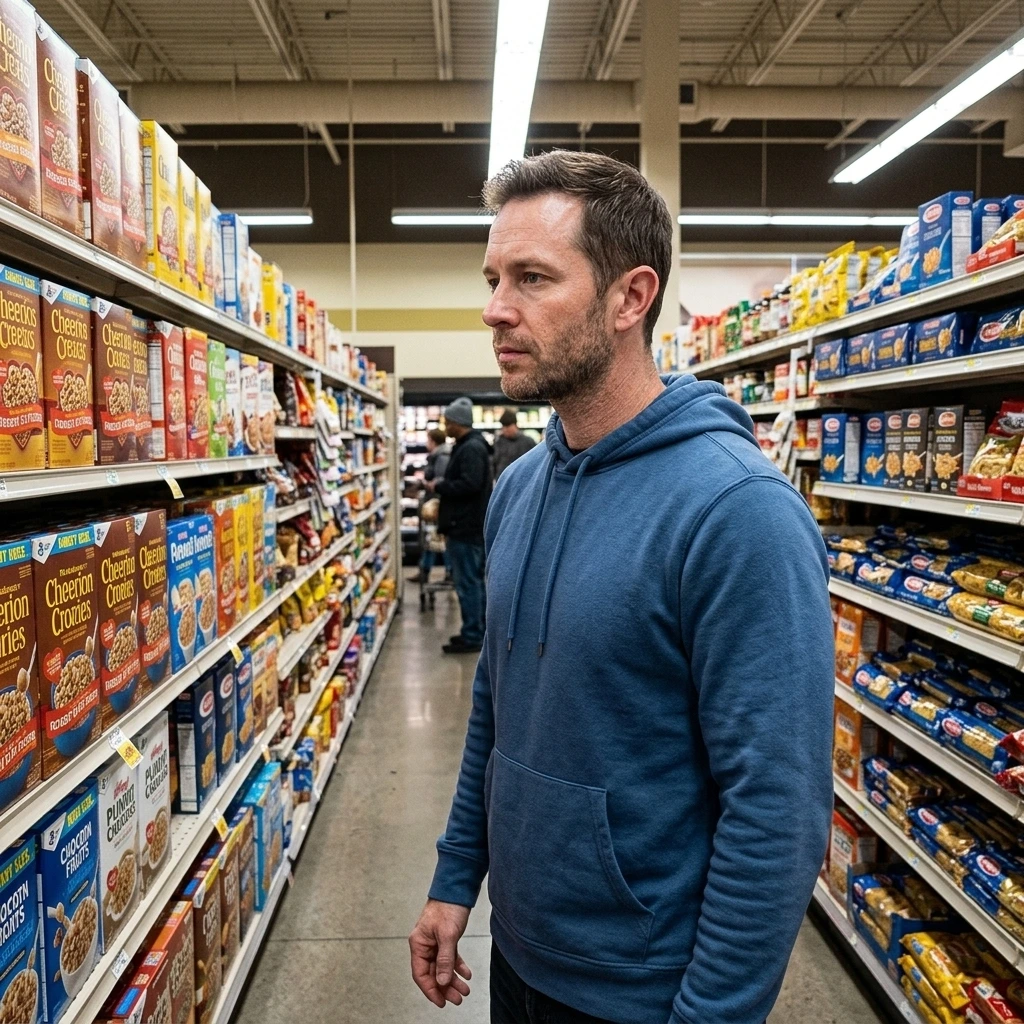 Person reading fine print in a store